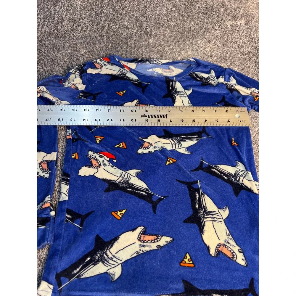 Cat &Jack Kids Blue Shark Santa Pizza Fleece Pajama Set Size14 Holiday Sleepwear